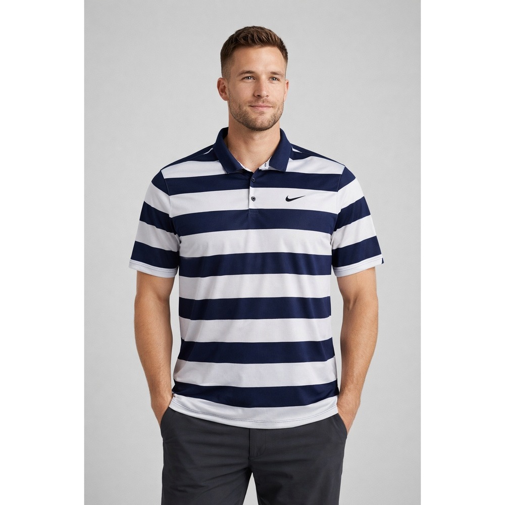 Nike Golf Polo Shirt Mens XXL Navy Blue White hint of gray Striped Dri-FIT